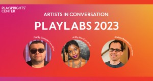 An orange and pink banner with the text Artists in Conversation: PlayLabs 2023