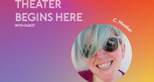 BACKGROUND: Shades of purple to red to yellow PHOTO: An upbeat enby queer wears sunglasses and smiles with blue hair into a sunny camera 