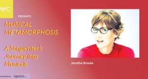 A headshot of Jonatha Brooke on top of a background in red-to-purple gradient with the words MUSICAL METAMORPHOSIS:  A Songwriter’s Journey into Musicals A Conversation with Jonatha Brooks in a yellow font