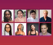 Image featuring eight people, representing the newest cohort of Jerome and Many Voices Fellows at the Playwrights' Center