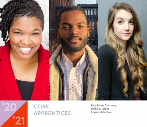 Headshots of the 2020-2021 Core Apprentice playwrights Kelly Renee Armstrong, Nicholas Kaidoo, and Keyanna Khatiblou