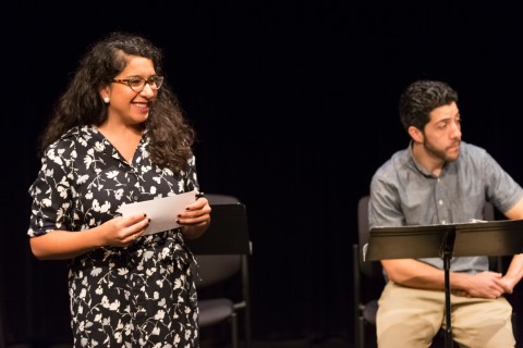 2015-16 Many Voices Fellow Cristina Castro introduces a scene from her play How the Colds Were Razed (As Told by Gorilla Girl) at the 2015 PlayLabs Playwriting Fellows Showcase. Photo © Anna Min, 2015