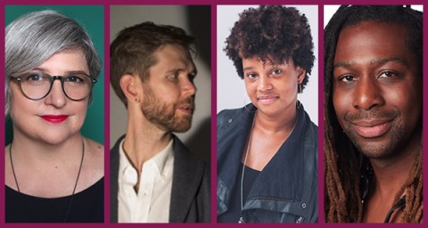 Full color headshots of playwrights Erin Courtney, Philip Dawkins, Charly Evon Simpson, and James Anthony Tyler. 
