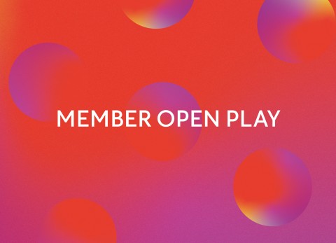 TEXT: Member Open Play in front of a red/purple bubble background