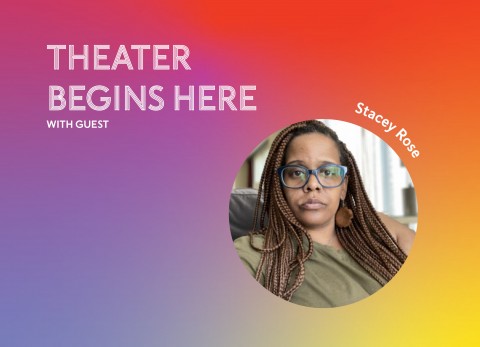 TEXT: Playwrights' Center, Theater Begins Here with headshot of Stacey Rose, a Black woman wearing winter green eye glasses, and a hunter green shirt, with braids.