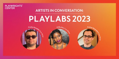 An orange and pink banner with the text Artists in Conversation: PlayLabs 2023