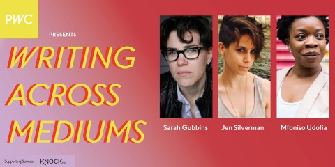 The title card for the Summer in Conversation series with the title Writing Across Mediums. The image includes headshots of Sarah Gubbins, Jen Silverman, and Mfoniso Udofia