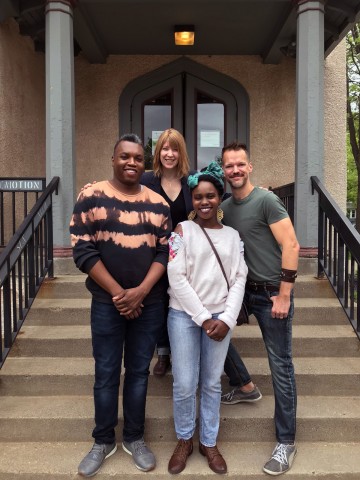 Director of membership programs Hannah Joyce-Hoven with 2017-18 Core Apprentices Carlos Sirah, Dionna Michelle Daniel, and Kirk Boettcher on the steps of the Playwrights' Center
