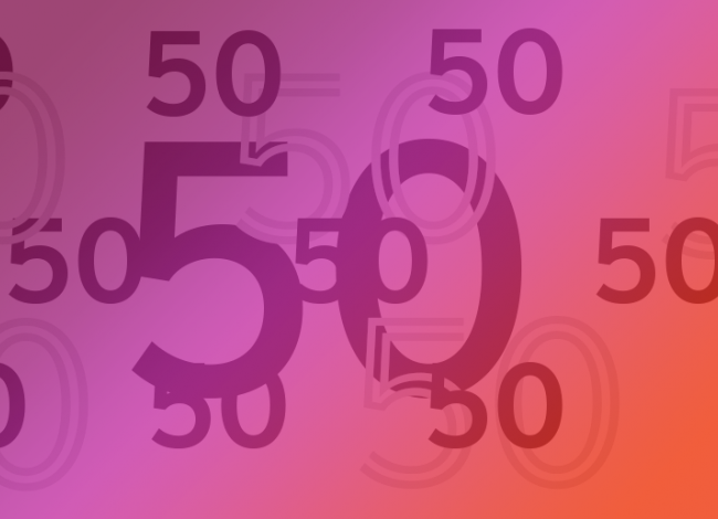 A maroon to pink to red rectangle with many different sized "50's" written on it.