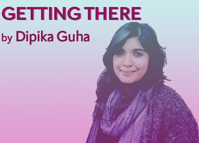 Playwright Dipika Guha looks directly at the camera with a smile. She is wearing a  knit sweater with a scarf draped around her shoulders. The words GETTING THERE by Dipika Guha appear in the top left corner.