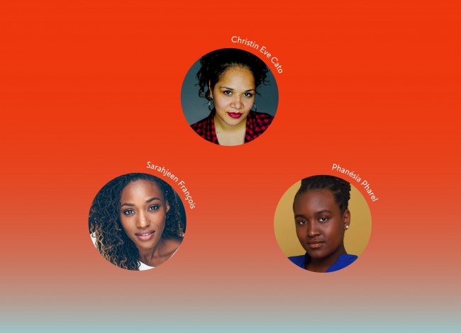 A red rectangle with the headshots of the 2021-22 Core Apprentice Playwrights Christin Eve Cato, Sarahjeen François, and Phanésia Pharel.