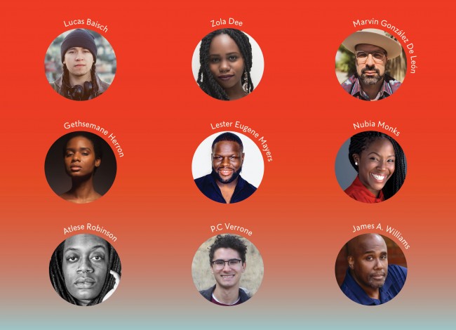 The headshots of 2021–2022 Jerome Fellows Lucas Baisch, Marvin González De León, Gethsemane Herron, and Nubia Monks; Many Voices Fellows Zola Dee, Lester Eugene Mayers, and P.C. Verrone; and Many Voices Mentees Atlese Robinson and James A. Williams.