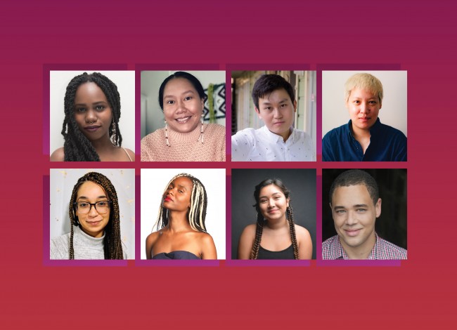 Image featuring eight people, representing the newest cohort of Jerome and Many Voices Fellows at the Playwrights' Center