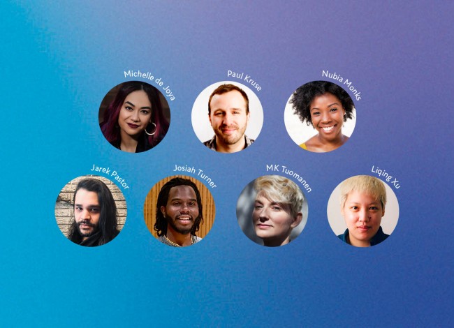 Against a blue-to-purple faded background, seven circles contain headshots of the new fellows cohort, with the name of each playwright in white around the top of their circle. 
